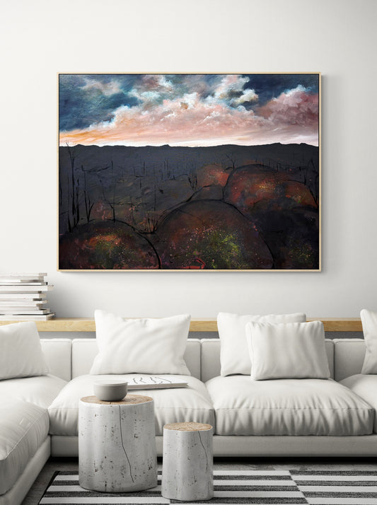 Between Ember and Earth by Australian artist Tania Chanter, original, acrylic on canvas, 120x90cm, abstract moody clousdcape.