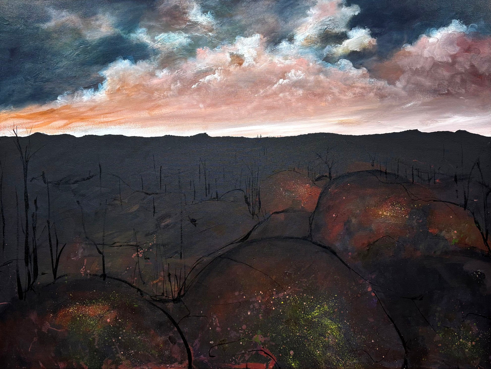 Between Ember and Earth by Australian artist Tania Chanter, original, acrylic on canvas, 120x90cm, abstract moody cloudscape.