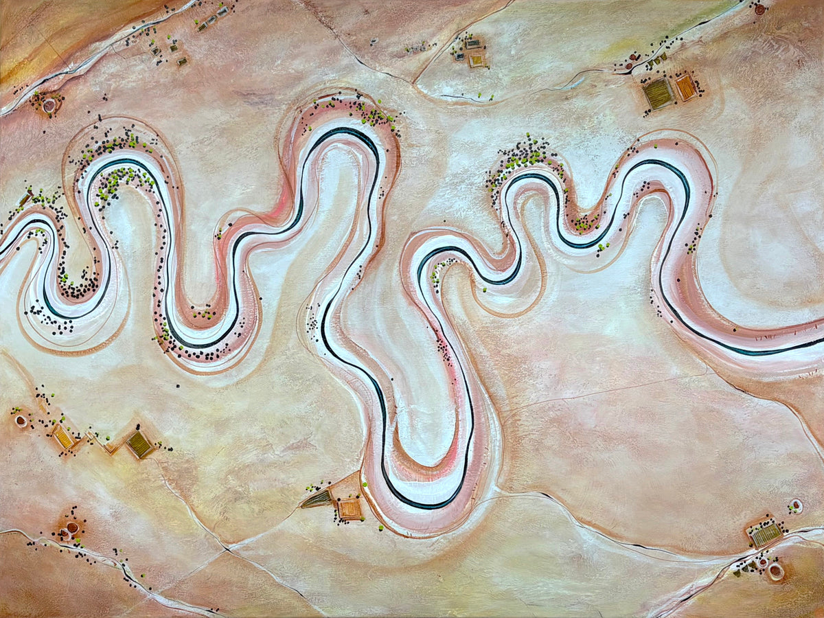 Between Ember and Earth by Australian artist Tania Chanter, original, acrylic on canvas, 120x90cm, modern textured aerial landscape with winding river and mark making.