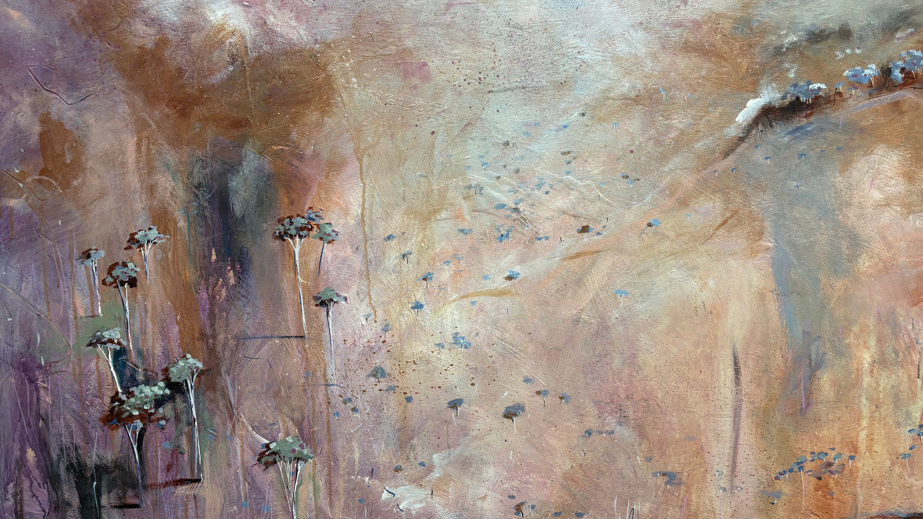 Close up of layers, detail, trees and texture on Beyond The Distant Veil by Australian artist Tania Chanter, acrylic on canvas, 180x180cm, extra large textured abstract landscape with soft clouds and countryside.