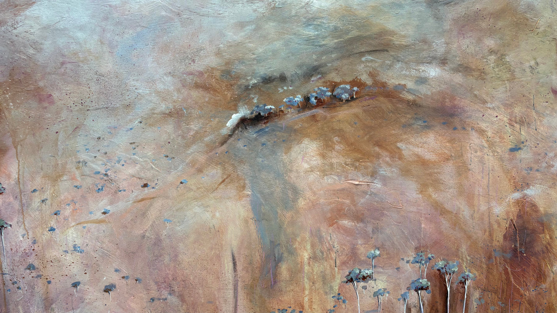 Close up of layering, detail and texture on Beyond The Distant Veil by Australian artist Tania Chanter, acrylic on canvas, 180x180cm, extra large textured abstract landscape with soft clouds and countryside.