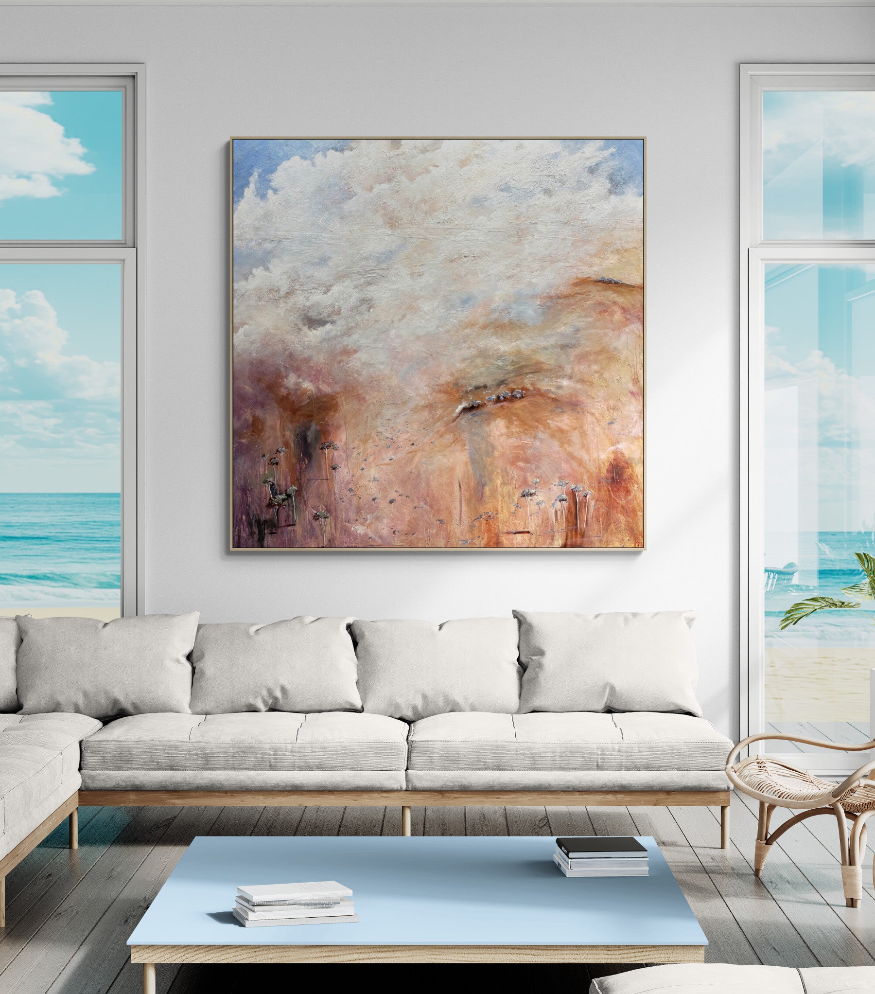 Beyond The Distant Veil by Australian artist Tania Chanter, acrylic on canvas, 180x180cm, extra large textured abstract landscape with soft clouds and countryside.