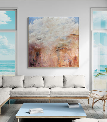 Beyond The Distant Veil by Australian artist Tania Chanter, acrylic on canvas, 180x180cm, extra large textured abstract landscape with soft clouds and countryside.