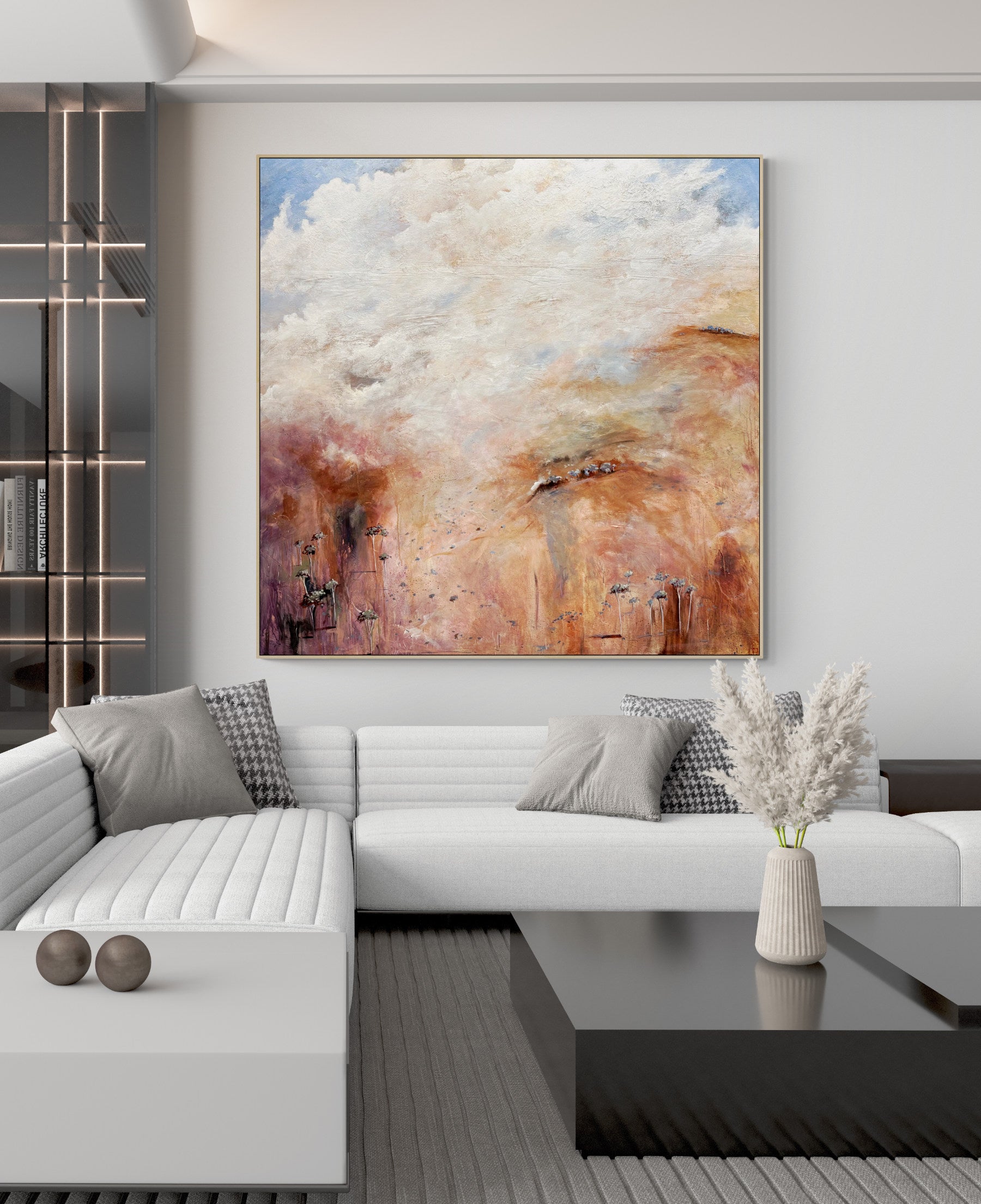 Beyond The Distant Veil by Australian artist Tania Chanter, acrylic on canvas, 180x180cm, extra large textured abstract landscape with soft clouds and countryside.