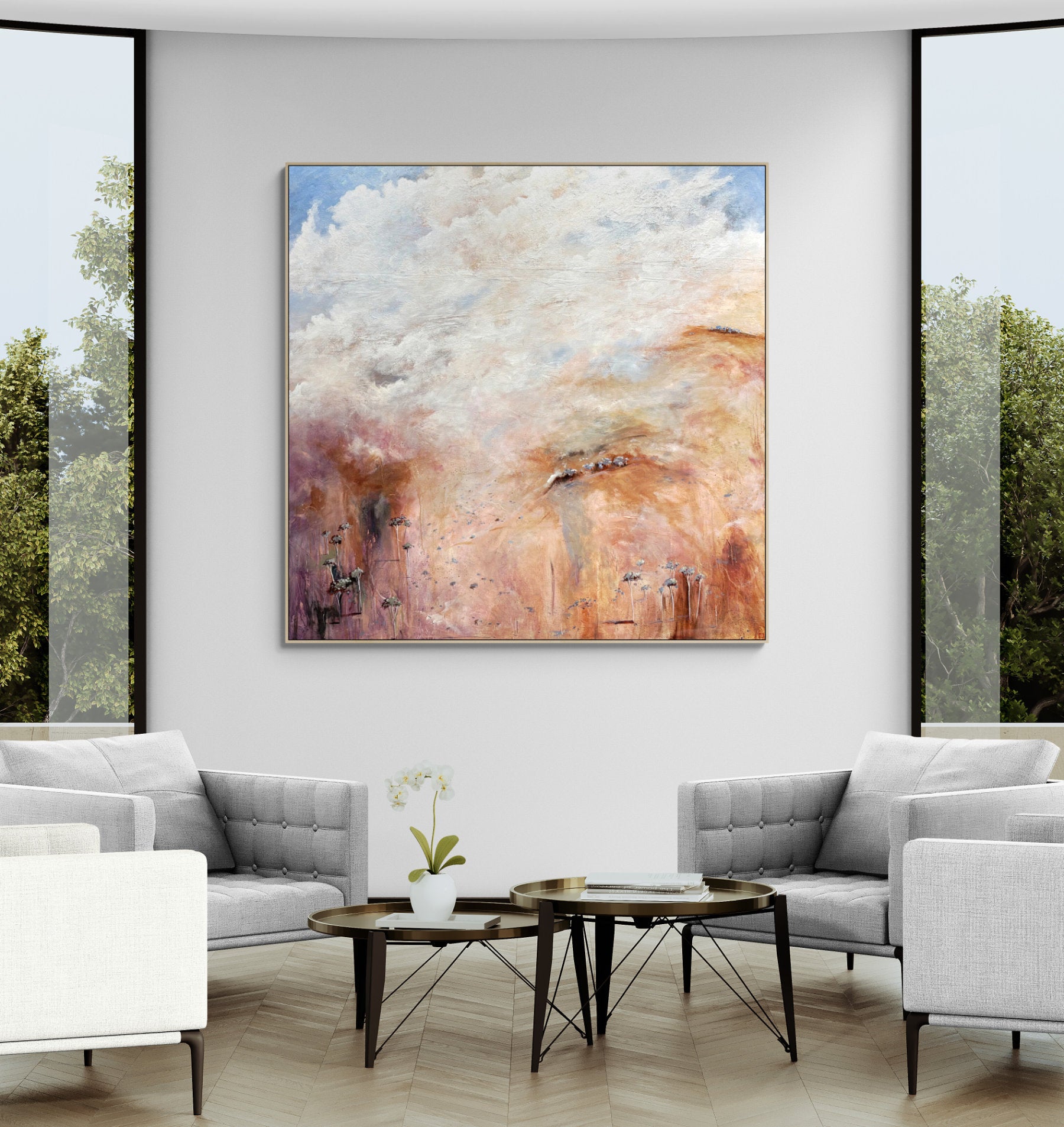 Beyond The Distant Veil by Australian artist Tania Chanter, acrylic on canvas, 180x180cm, extra large textured abstract landscape with soft clouds and countryside.
