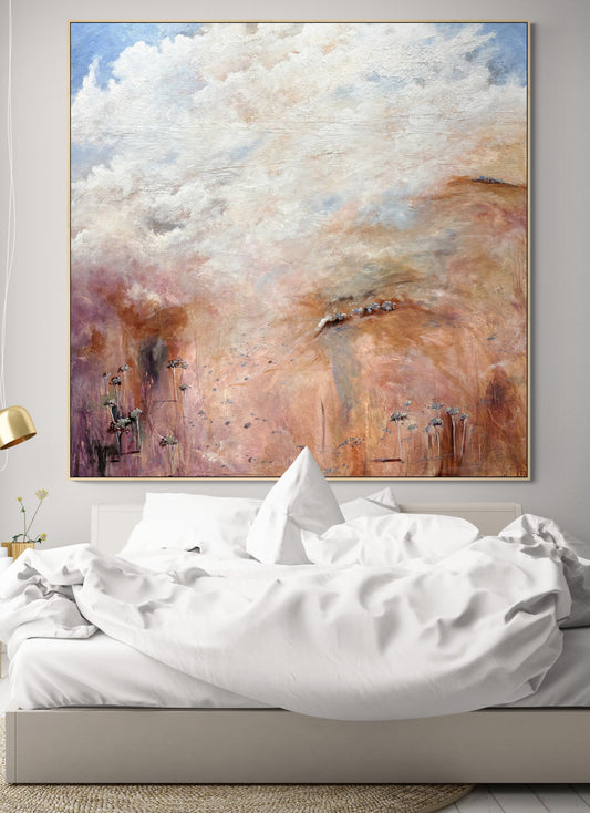 Beyond The Distant Veil by Australian artist Tania Chanter, acrylic on canvas, 180x180cm, extra large textured abstract landscape with soft clouds and countryside.