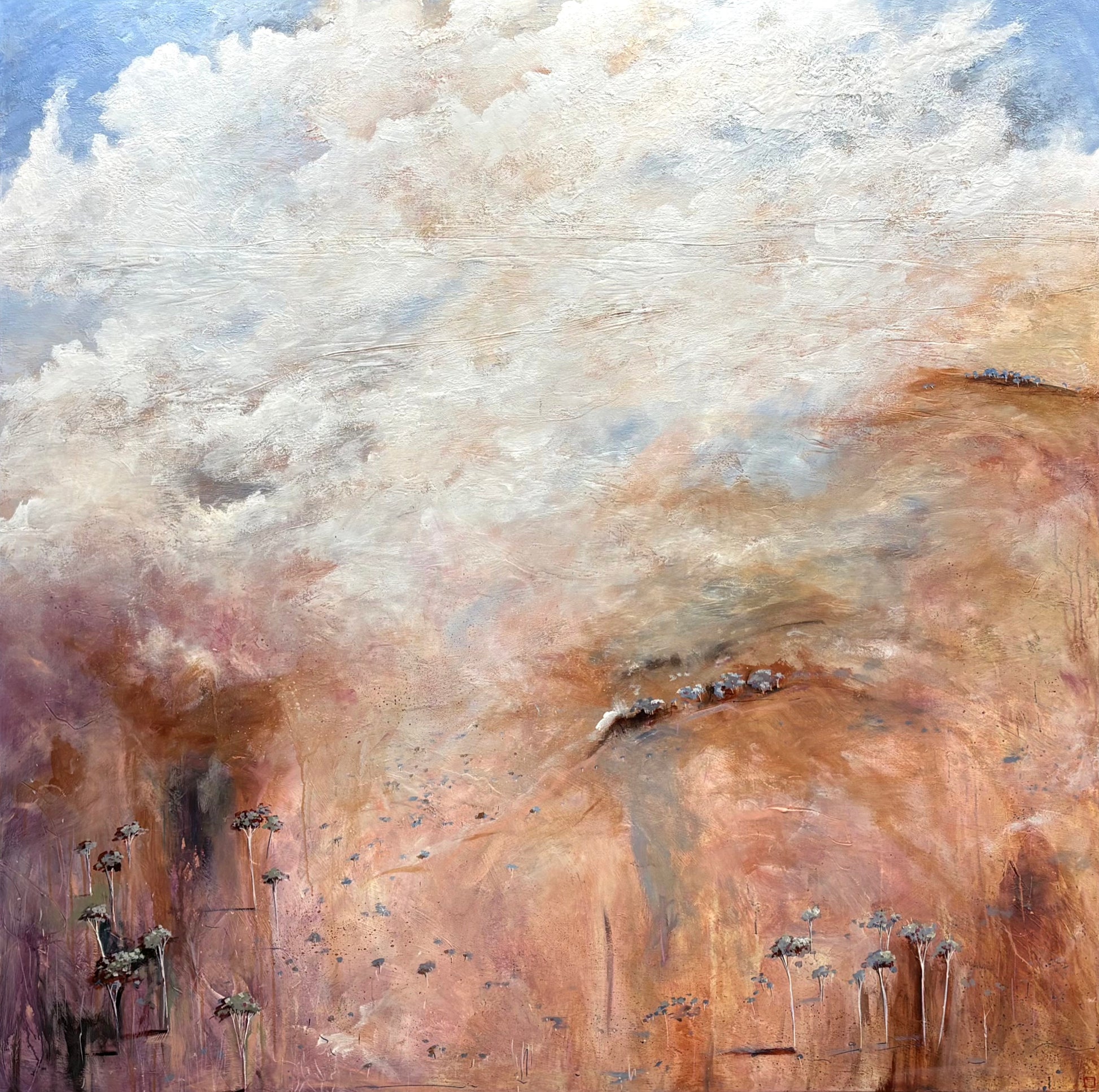 Beyond The Distant Veil by Australian artist Tania Chanter, acrylic on canvas, 180x180cm, extra large textured abstract landscape with soft clouds and countryside.