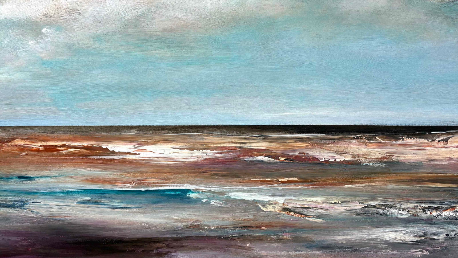 Detail of Beyond the Breakwater showing textured layers of ocean, shoreline and sky