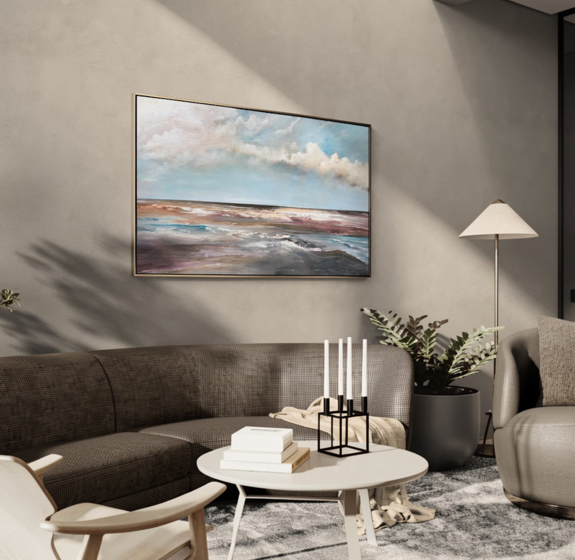 Beyond the Breakwater by Tania Chanter, abstract ocean landscape in turquoise, mauve and earthy tones