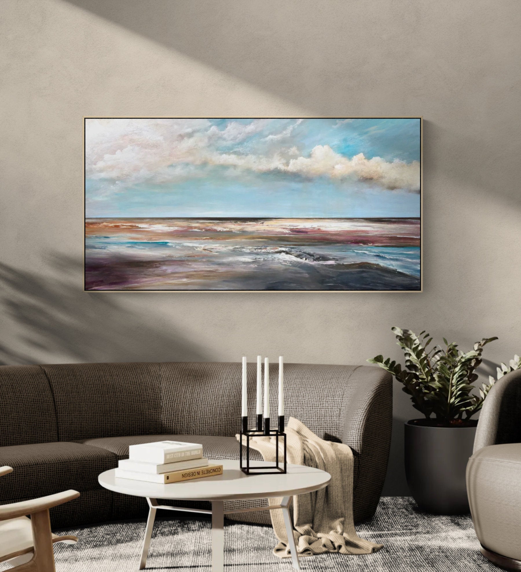 Beyond the Breakwater by Tania Chanter, abstract ocean landscape in turquoise, mauve and earthy tones