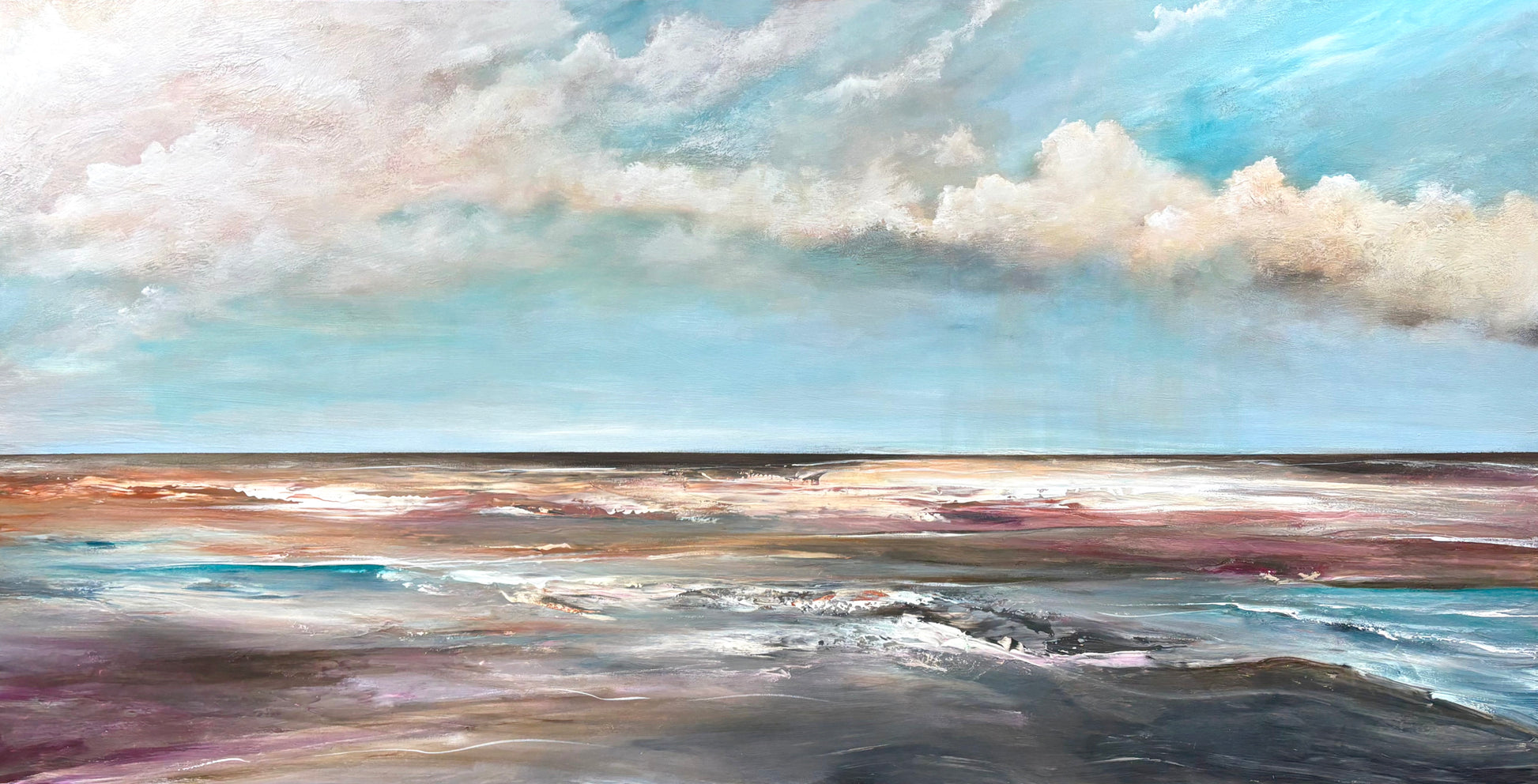 Beyond the Breakwater by Tania Chanter, abstract ocean landscape in turquoise, mauve and earthy tones