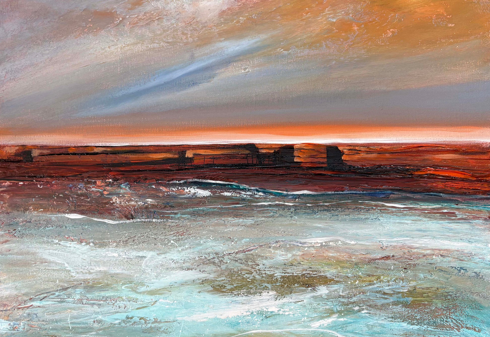 Close up of layers, detail and texture on Burnished Country by Australian artist Tania Chanter, 40x90cm, acrylic on canvas, abstract seascape.