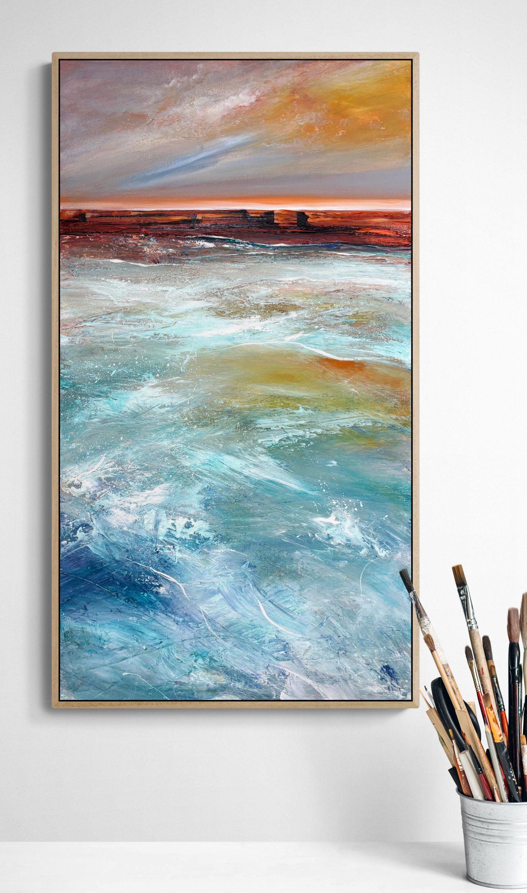 Burnished Country by Australian artist Tania Chanter, 40x90cm, acrylic on canvas, abstract seascape.