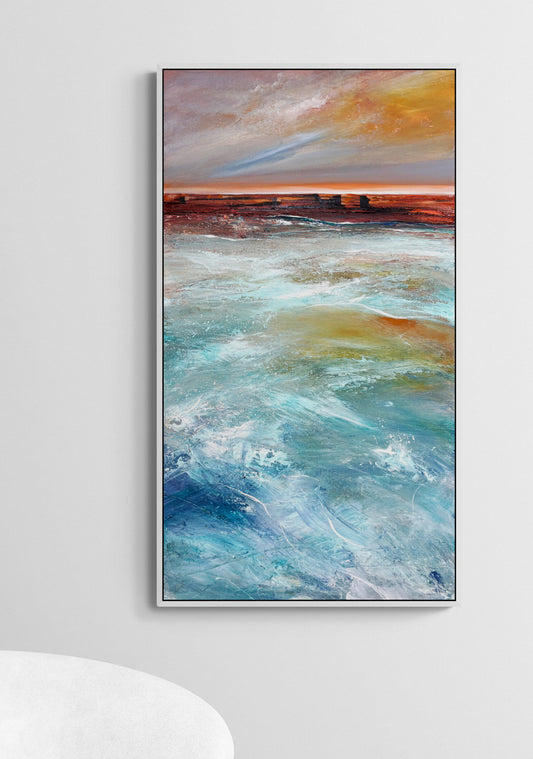 Burnished Country by Australian artist Tania Chanter, 40x90cm, acrylic on canvas, abstract seascape.