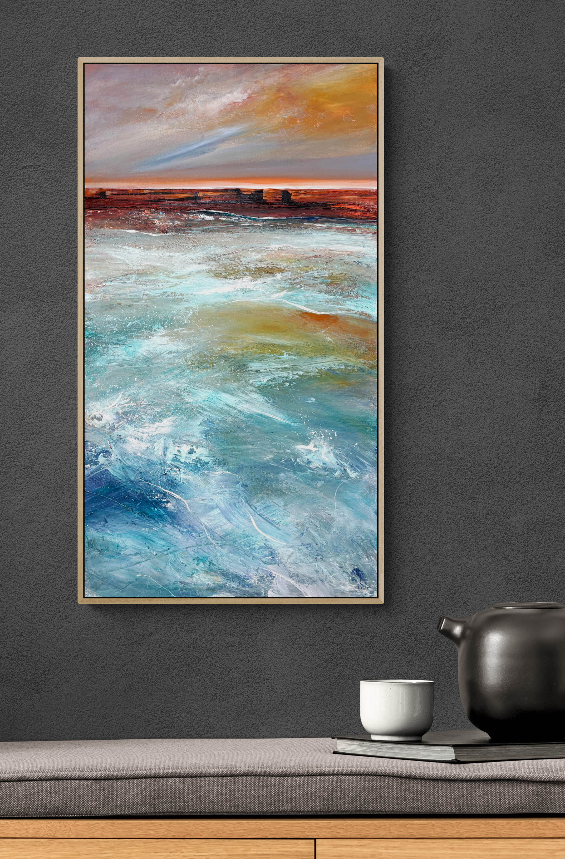 Burnished Country by Australian artist Tania Chanter, 40x90cm, acrylic on canvas, abstract seascape.