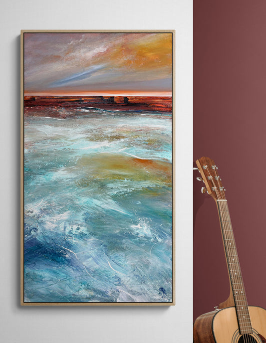 Burnished Country by Australian artist Tania Chanter, 40x90cm, acrylic on canvas, abstract seascape.