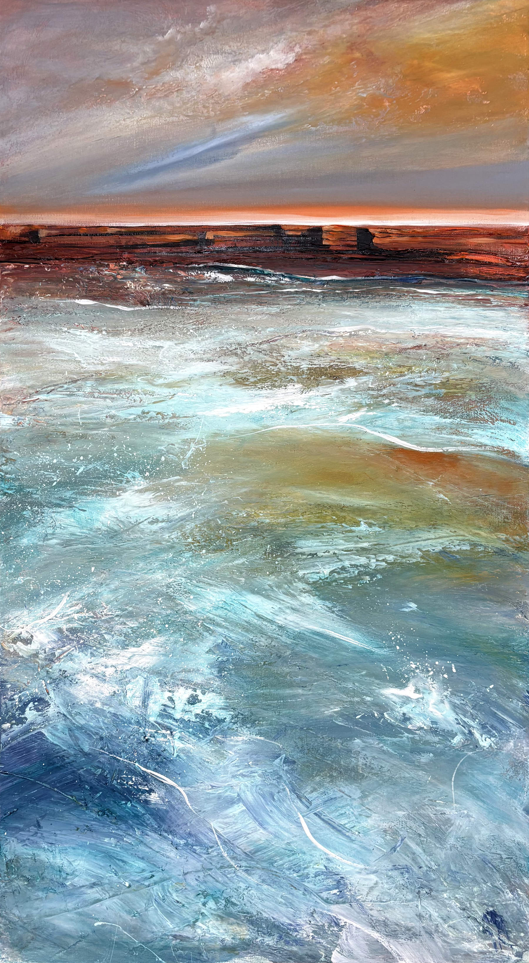 Burnished Country by Australian artist Tania Chanter, 40x90cm, acrylic on canvas, abstract seascape.