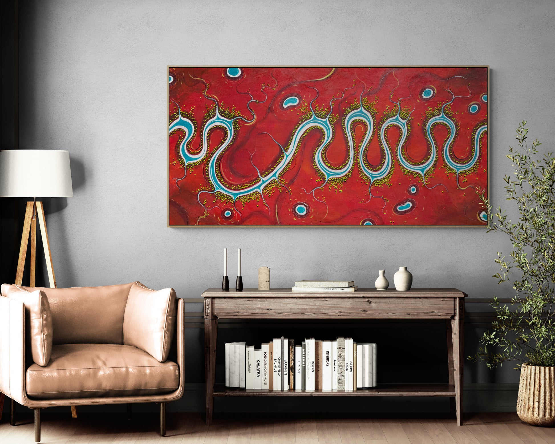 Carried By The Flow Of Feeling by Australian artist Tania Chanter is an original abstract aerial landscape, 160x80cm, acrylic on canvas.