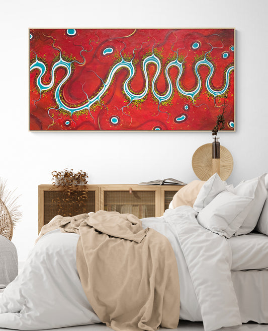 Carried By The Flow Of Feeling by Australian artist Tania Chanter is an original abstract aerial landscape, 160x80cm, acrylic on canvas.