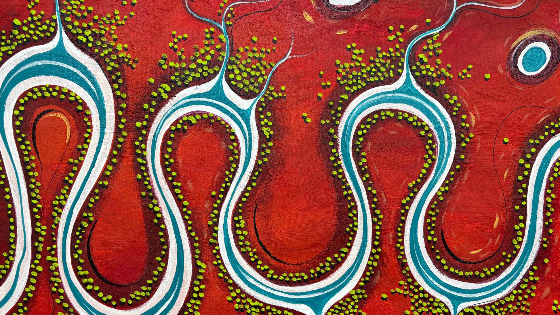 Close up of layers, detail and texture on Carried By The Flow Of Feeling by Australian artist Tania Chanter is an original abstract aerial landscape, 160x80cm, acrylic on canvas.