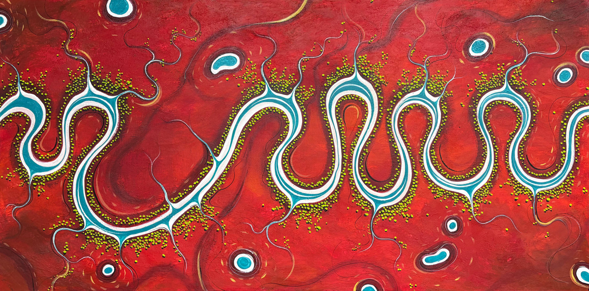 Carried By The Flow Of Feeling by Australian artist Tania Chanter is an original abstract aerial landscape, 160x80cm, acrylic on canvas.