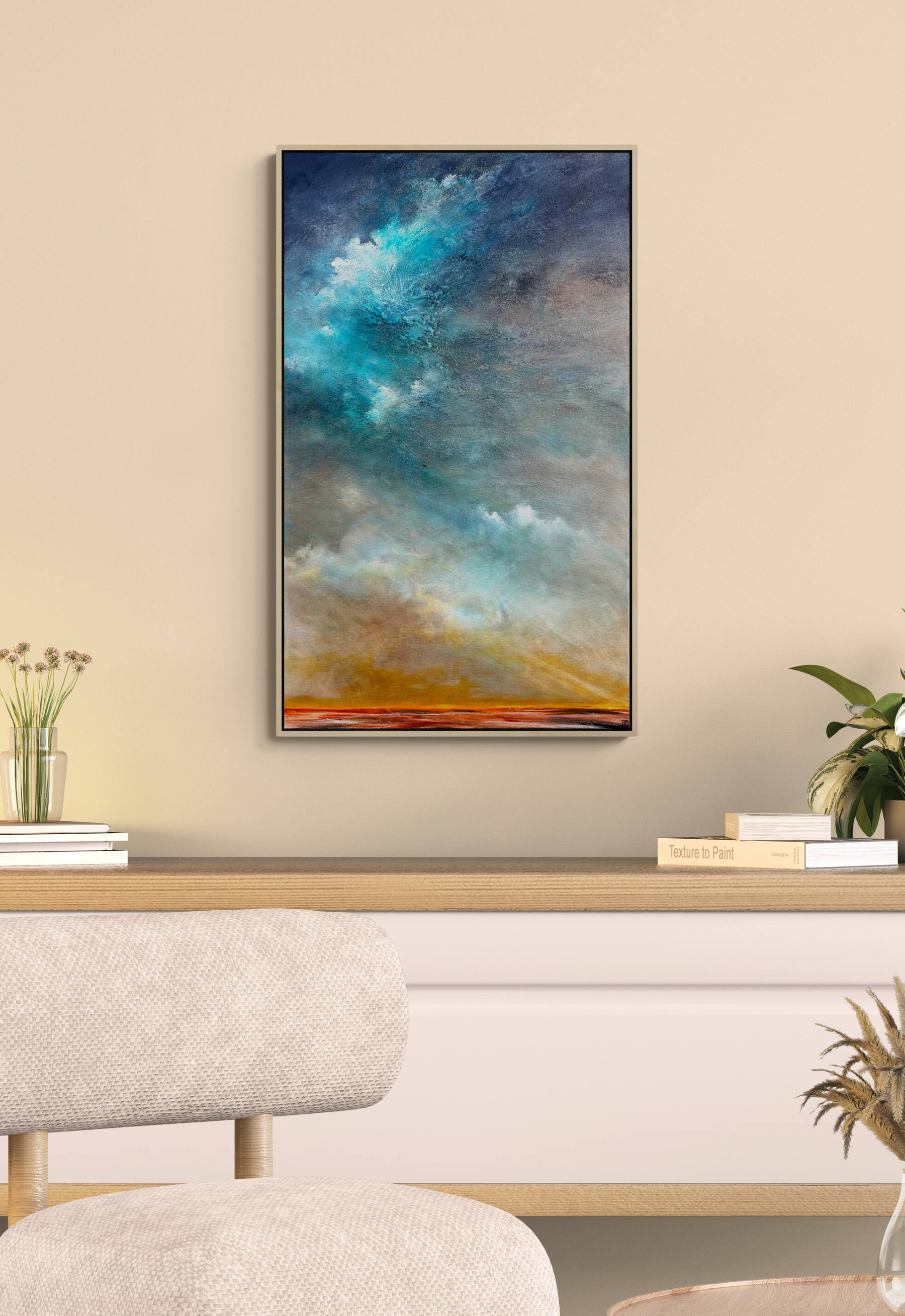 Clouds Of Hope by Australian artist Tania Chanter, textured moody abstract cloudscape, 60x100cm, acrylic on canvas, ready to hang.