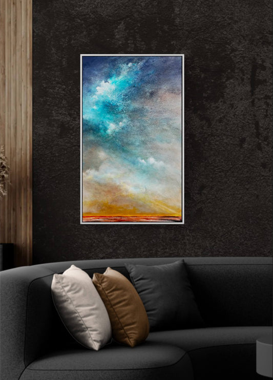 Clouds Of Hope by Australian artist Tania Chanter, textured moody abstract cloudscape, 60x100cm, acrylic on canvas, ready to hang.