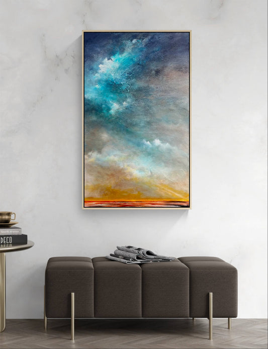 Clouds Of Hope by Australian artist Tania Chanter, textured moody abstract cloudscape, 60x100cm, acrylic on canvas, ready to hang.