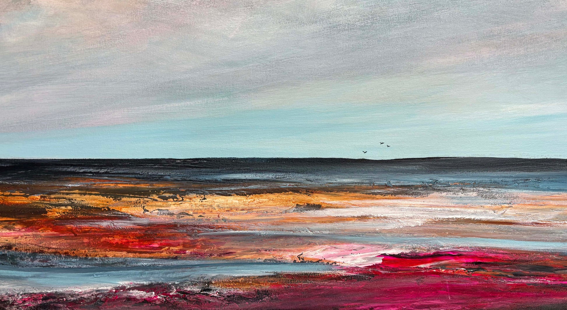 Close up of layers, detail and texture on Coastal Sky Dreams by Australian artist Tania Chanter, acrylic on canvas, 160x70cm, abstract textured seascape. 