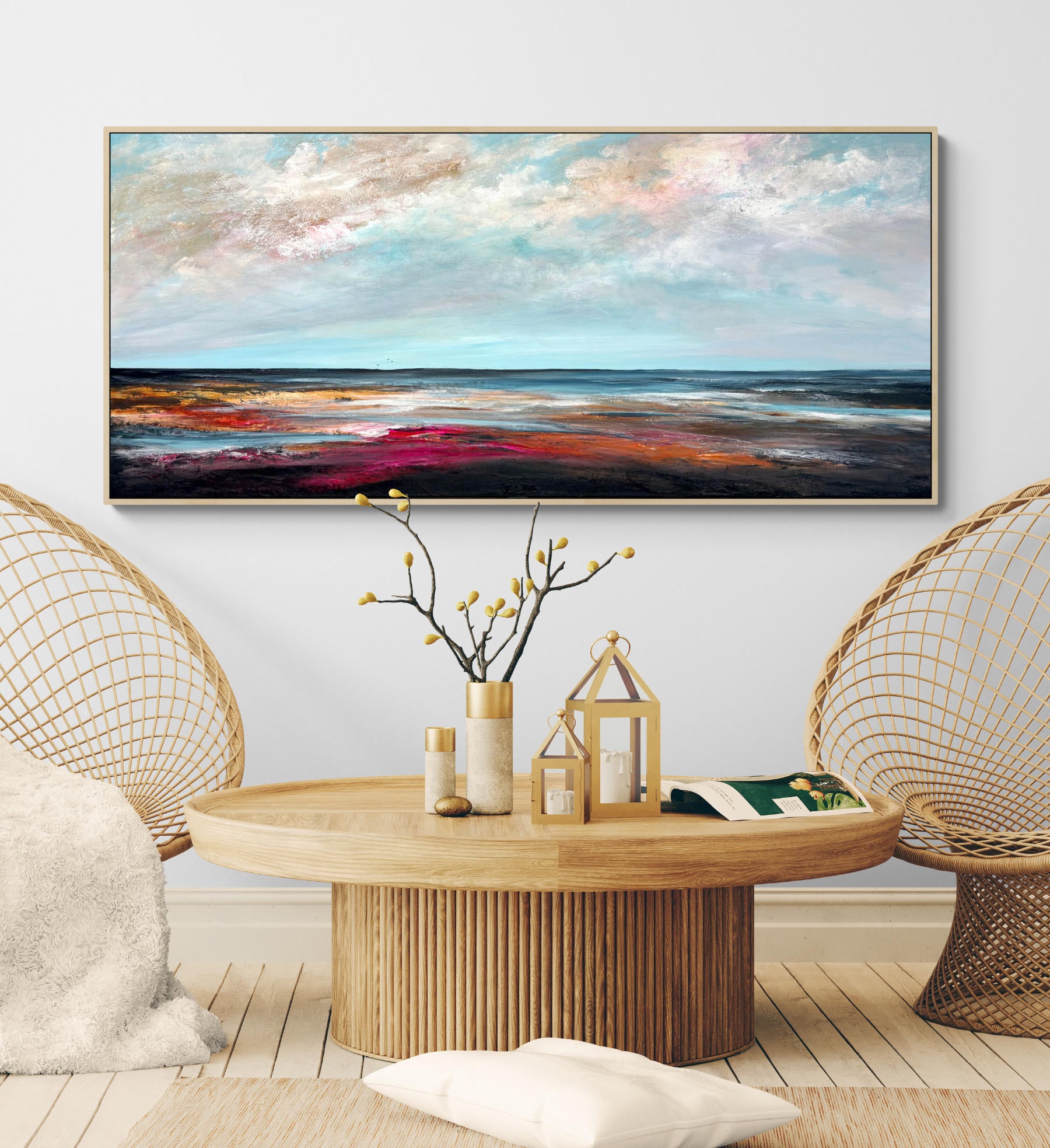 Coastal Sky Dreams by Australian artist Tania Chanter, acrylic on canvas, 160x70cm, abstract textured seascape. 