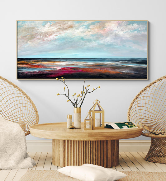 Coastal Sky Dreams by Australian artist Tania Chanter, acrylic on canvas, 160x70cm, abstract textured seascape. 