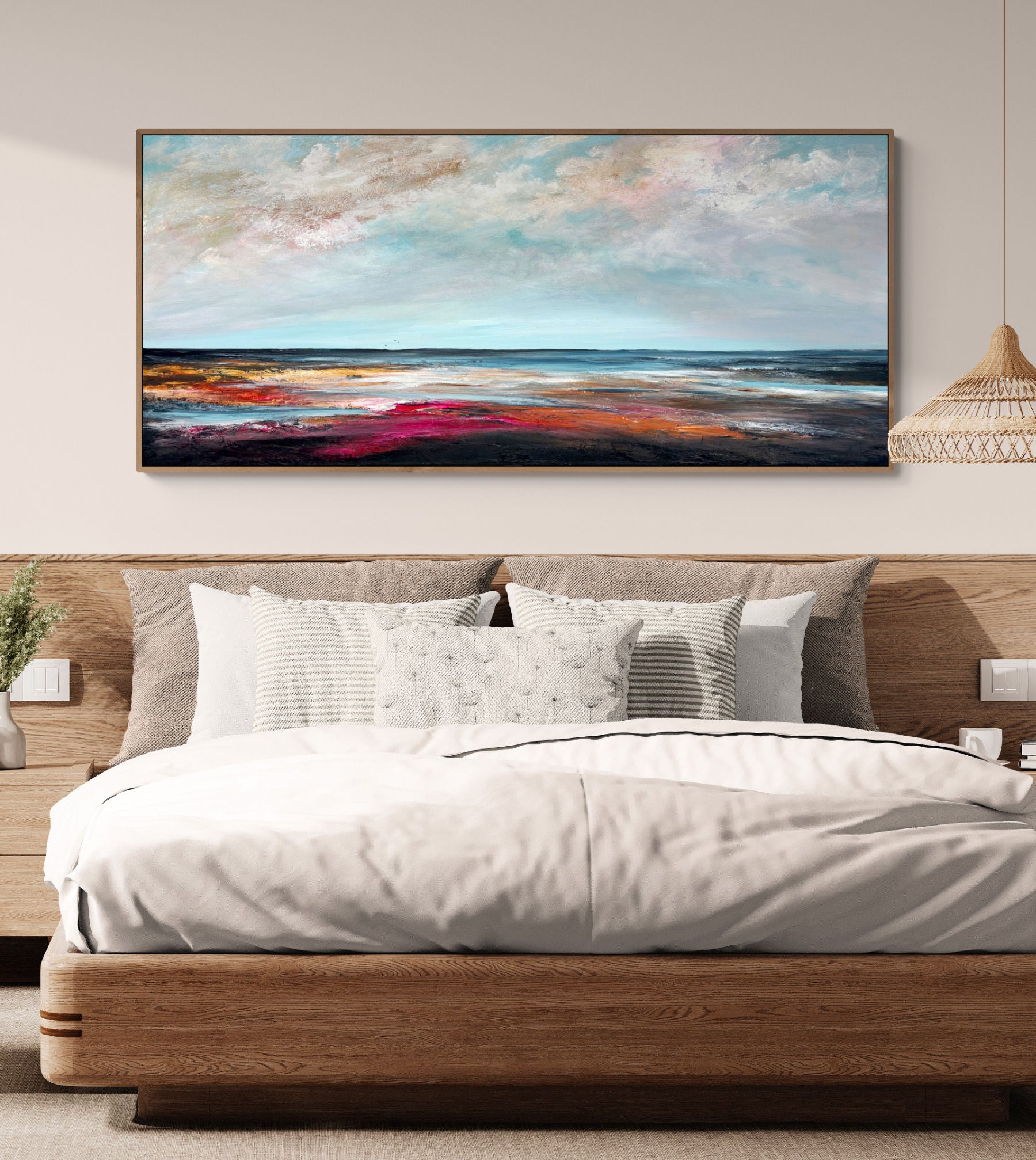 Coastal Sky Dreams by Australian artist Tania Chanter, acrylic on canvas, 160x70cm, abstract textured seascape. 