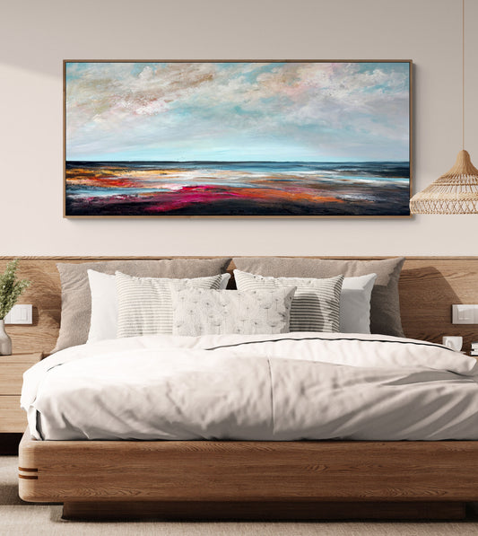Coastal Sky Dreams by Australian artist Tania Chanter, acrylic on canvas, 160x70cm, abstract textured seascape. 