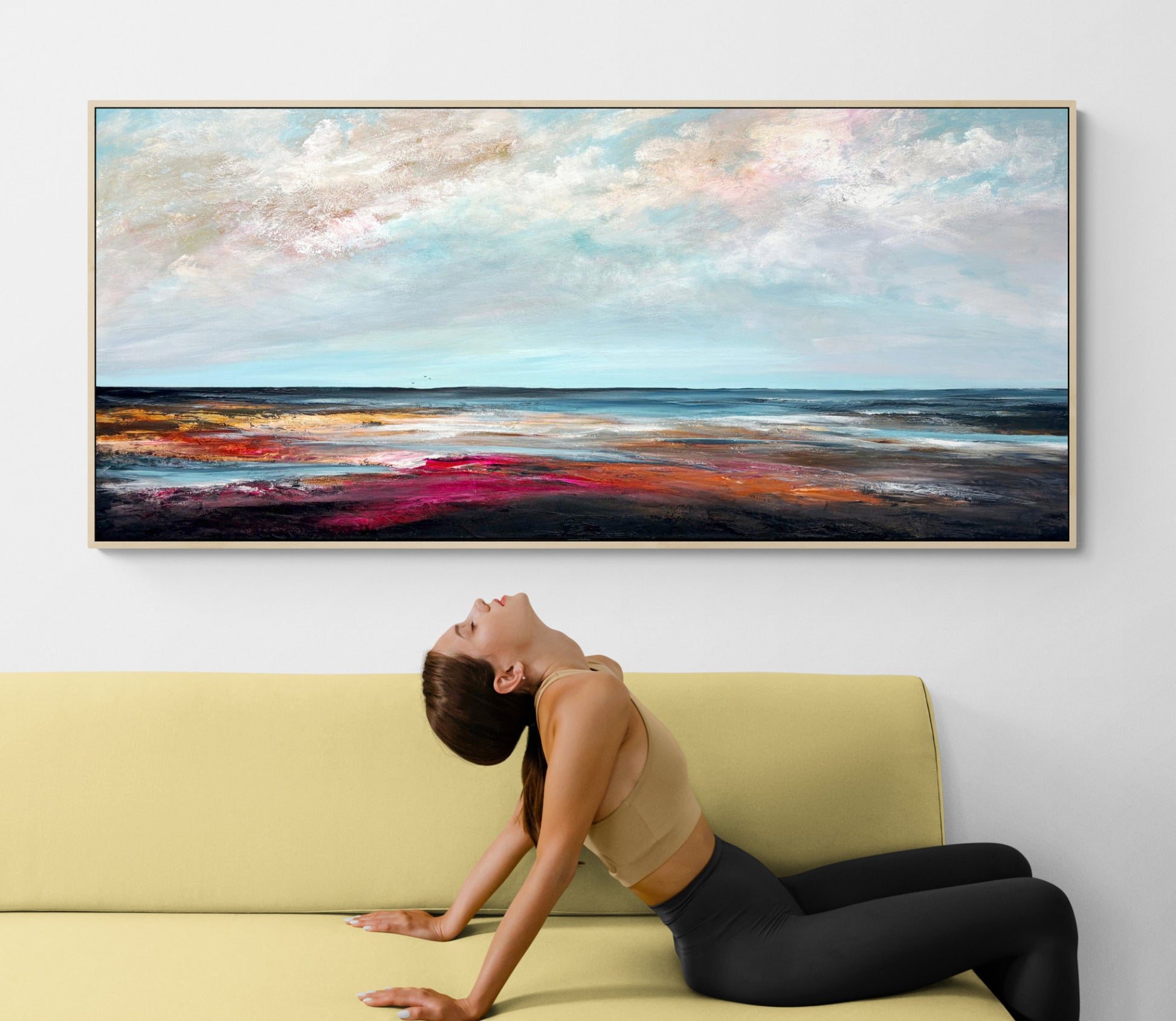 Coastal Sky Dreams by Australian artist Tania Chanter, acrylic on canvas, 160x70cm, abstract textured seascape. 