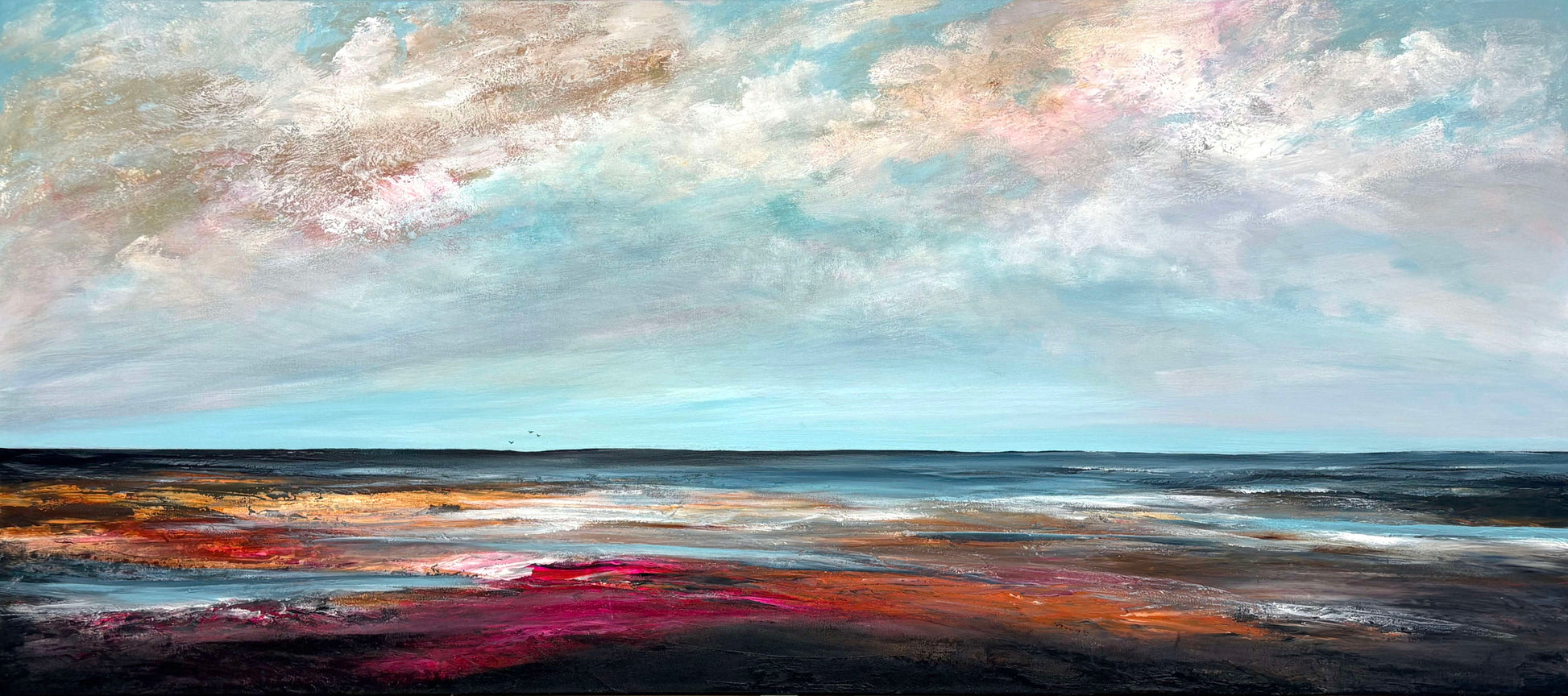 Coastal Sky Dreams by Australian artist Tania Chanter, acrylic on canvas, 160x70cm, abstract textured seascape. 