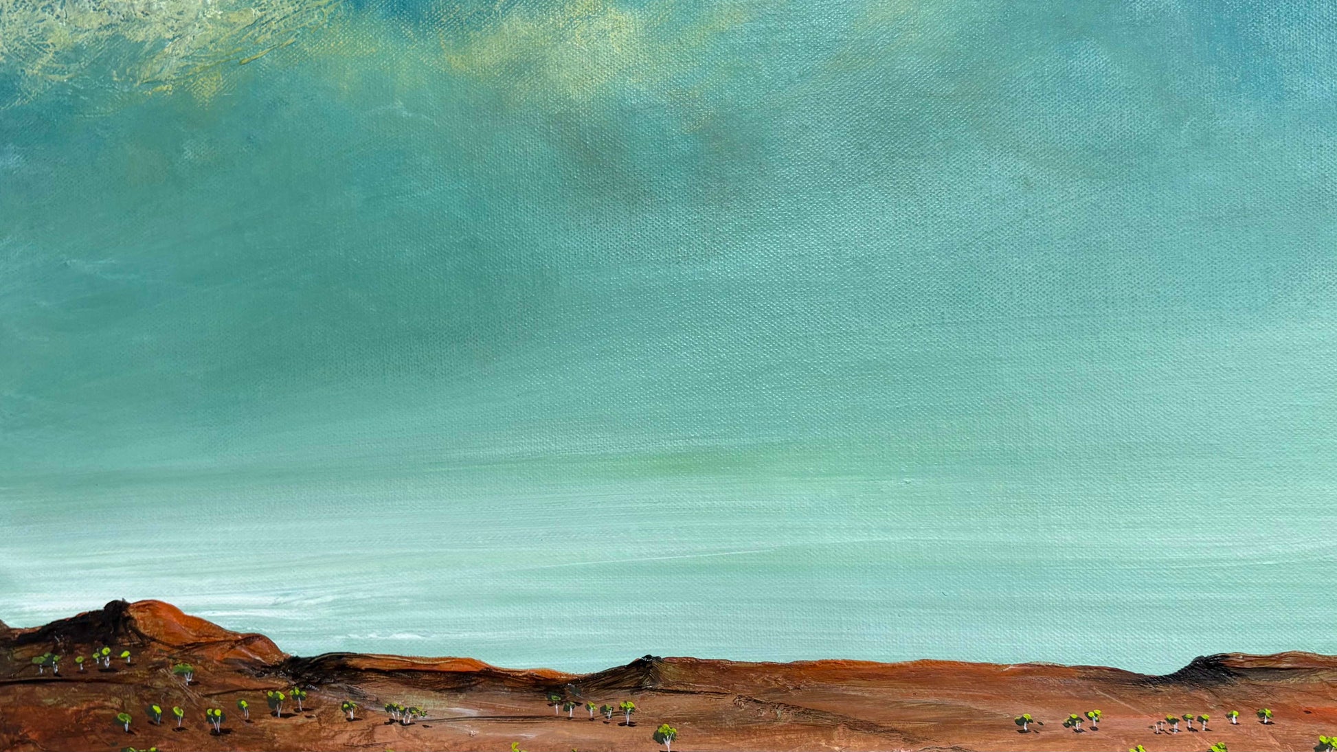 Close up of layers, detail and texture on Country At Ease by Australian artist Tania Chanter, original, acrylic on canvas, 40x50cm, abstract landscape.