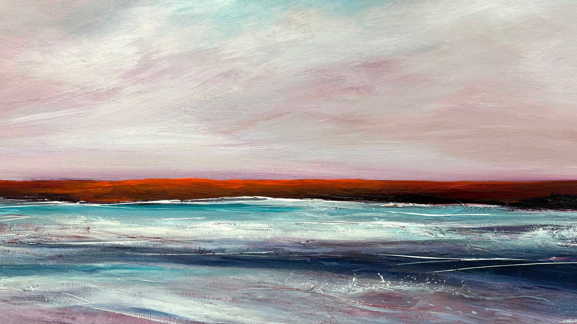 Close up of layers, detail and texture on Dancing Under Morning Skies by Australian artist Tania Chanter, 190x90cm, acrylic on canvas, textured original abstract seascape.