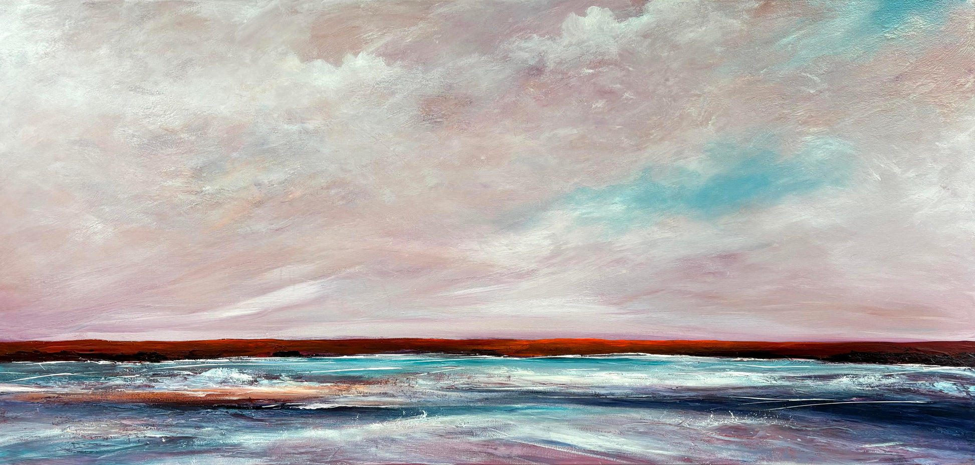 Dancing Under Morning Skies by Australian artist Tania Chanter, 190x90cm, acrylic on canvas, textured original abstract seascape.