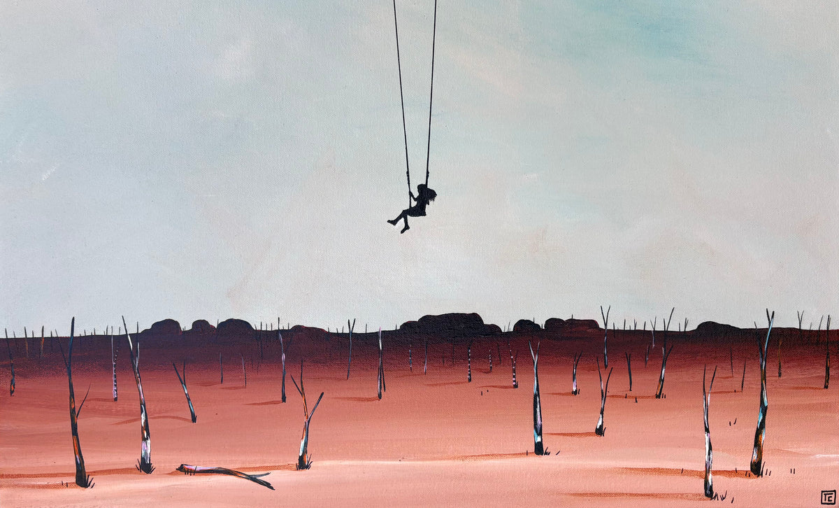 A surreal landscape artwork showing a small dark silhouette of a person sitting on a swing suspended in the sky above a barren dusty field with many thin tree-like posts and dark rock formations in the distance.