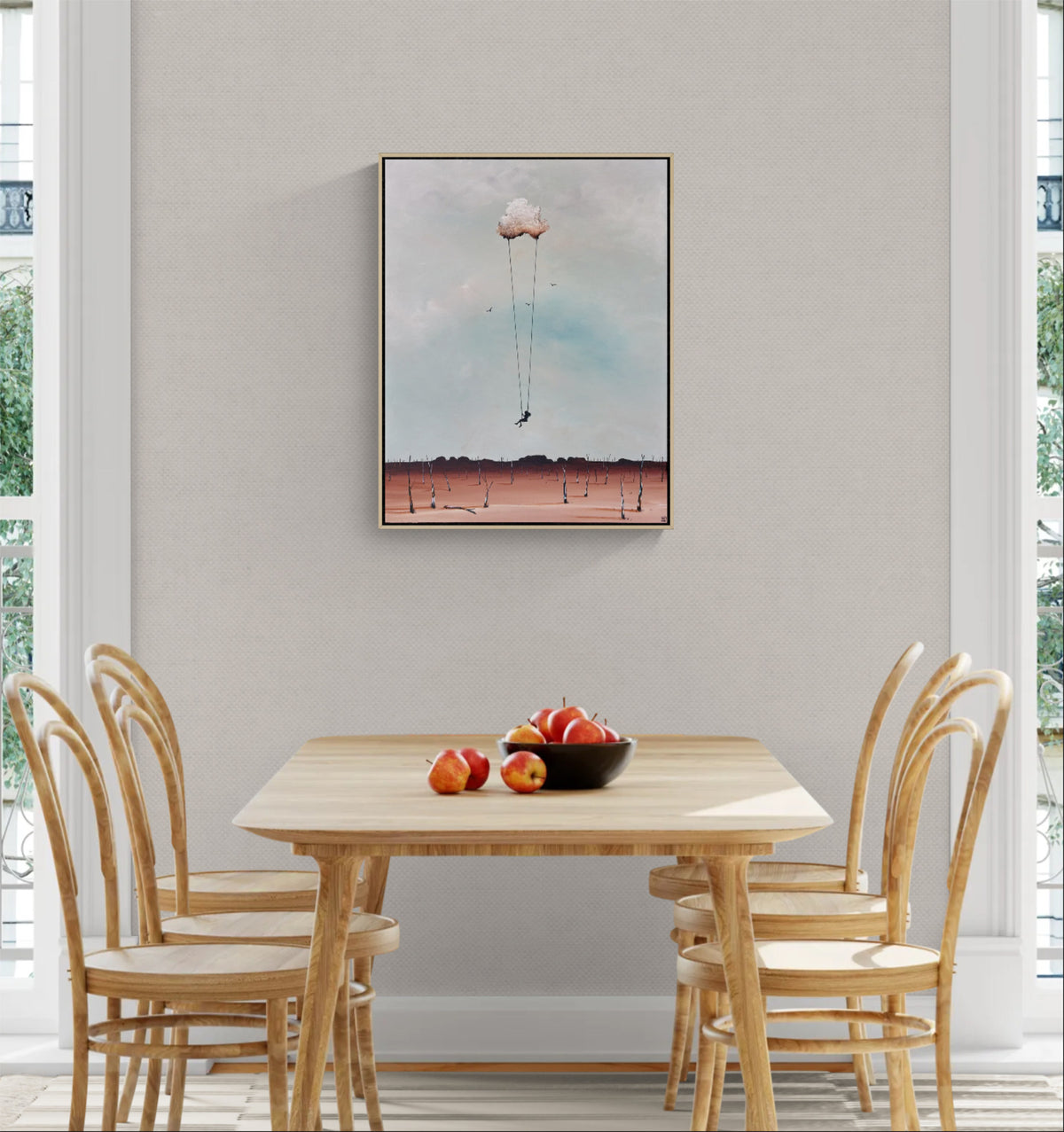 Abstract cloudscape by Tania Chanter depicting a small figure floating under a cloud-like balloon