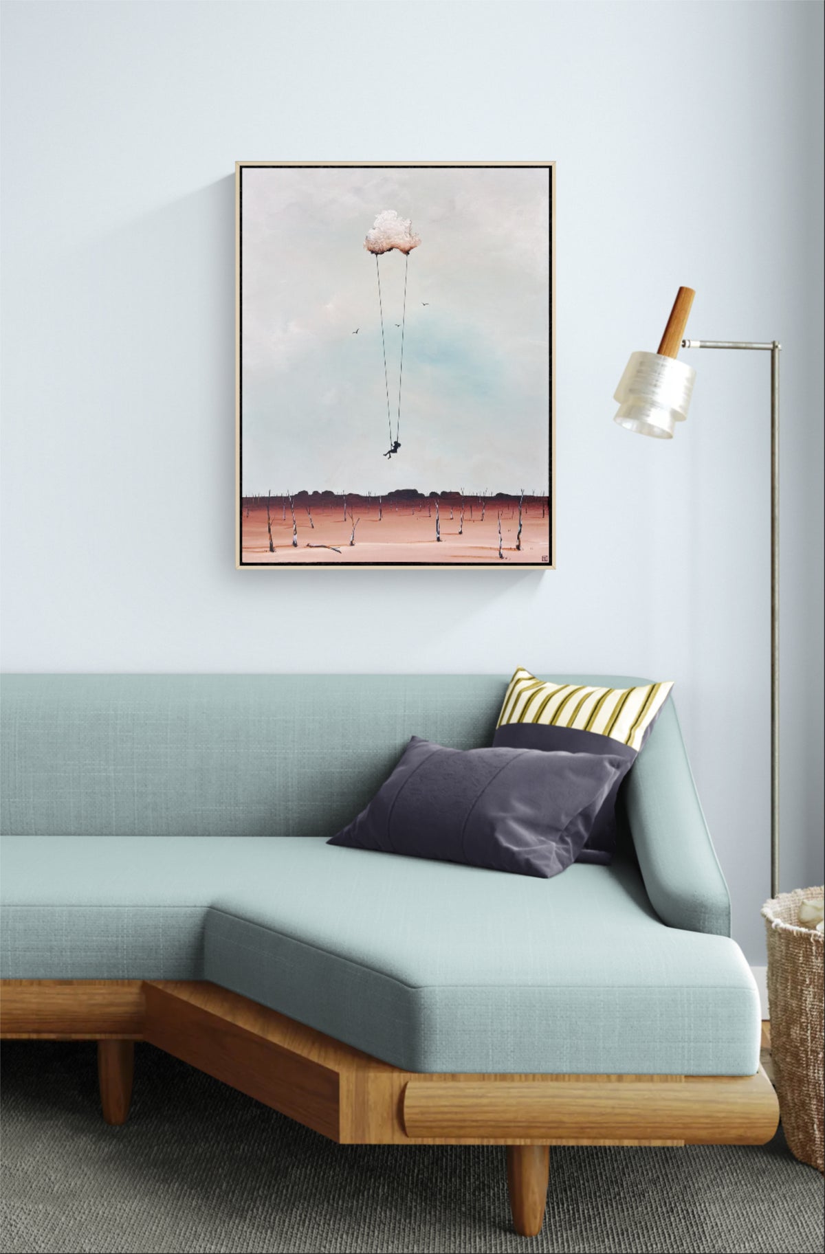 Abstract cloudscape by Tania Chanter depicting a small figure floating under a cloud-like balloon