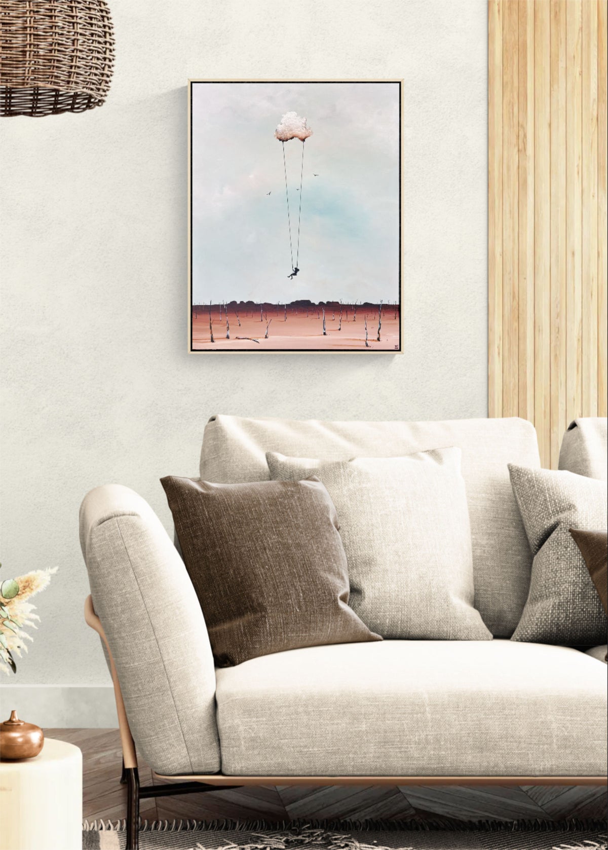 Abstract cloudscape by Tania Chanter depicting a small figure floating under a cloud-like balloon
