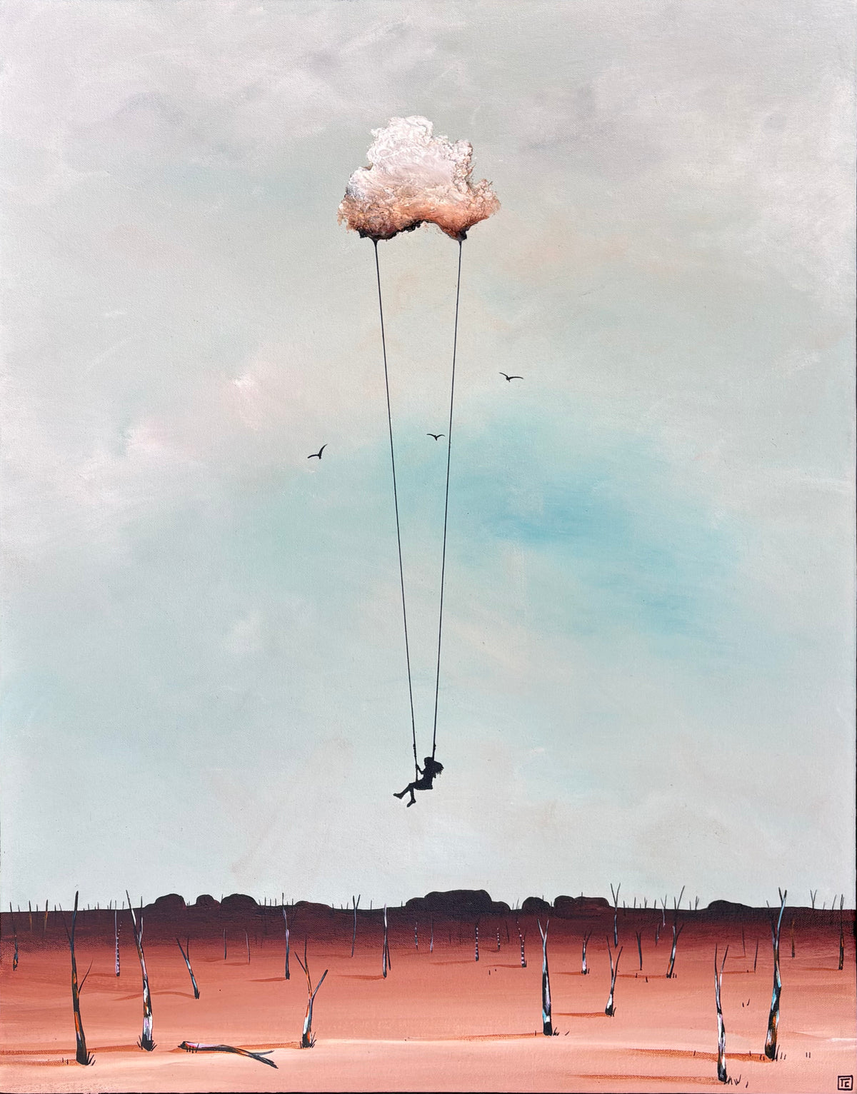 A surreal landscape painting featuring a small dark figure suspended on a swing beneath a large cloud-like balloon, set against a pale blue sky and a dusty orange-brown ground with sparse tree trunks.