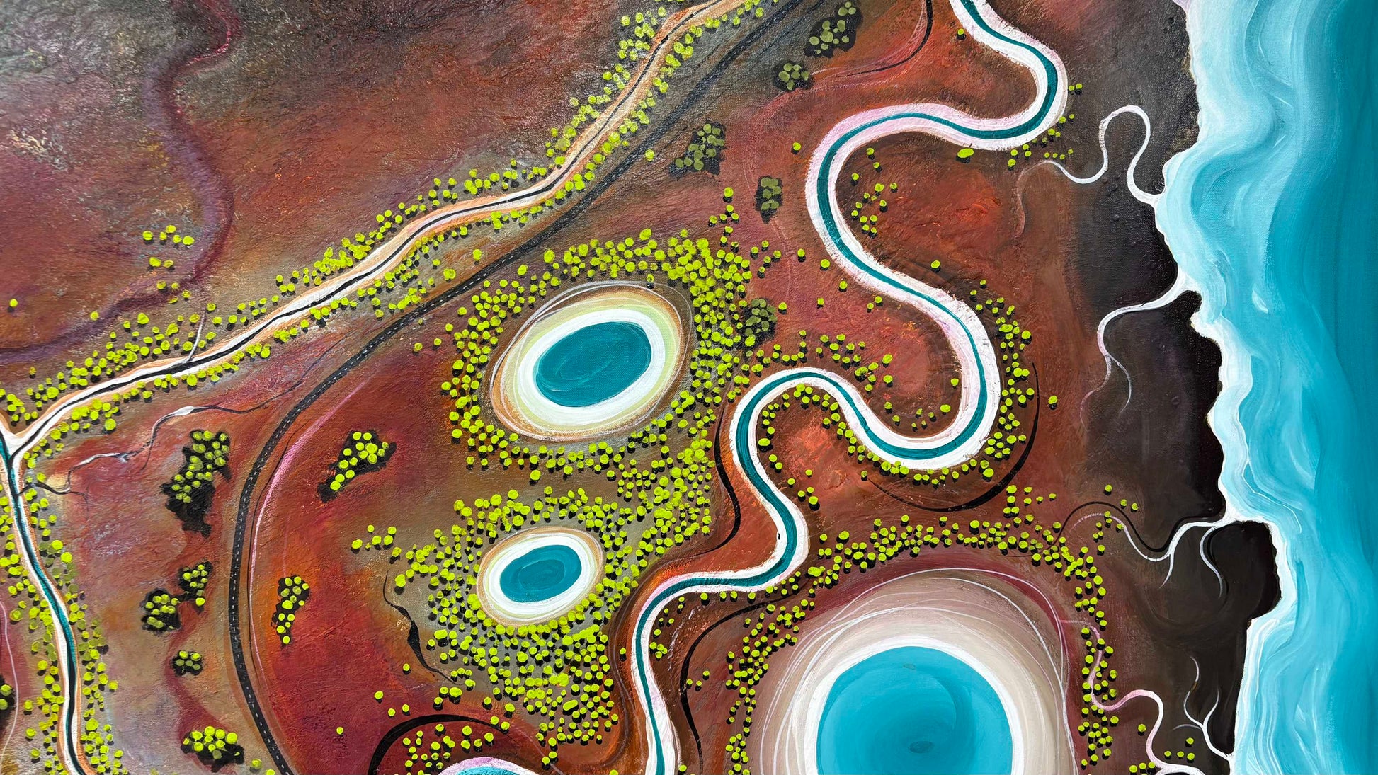 Close up of layers, detail and texture on Earth's Gentle Breath by Australian abstract landscape painter Tania Chanter, 180x120cm, acrylic on canvas. 