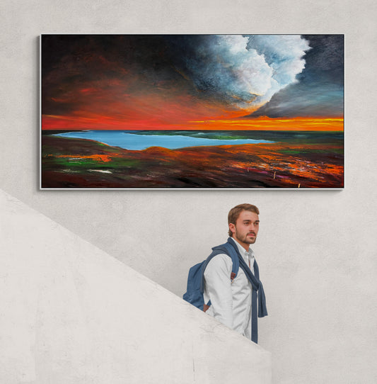 Embers Beneath The Cloud by Australian artist Tania Chanter, 180x90cm, acrylic on canvas, moody abstract landscape.