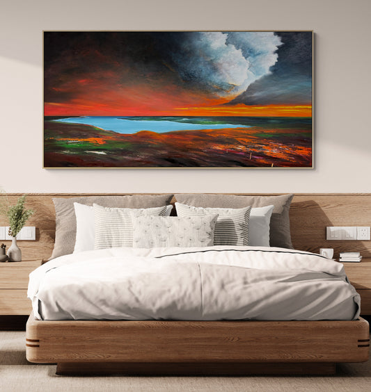 Embers Beneath The Cloud by Australian artist Tania Chanter, 180x90cm, acrylic on canvas, moody abstract landscape.