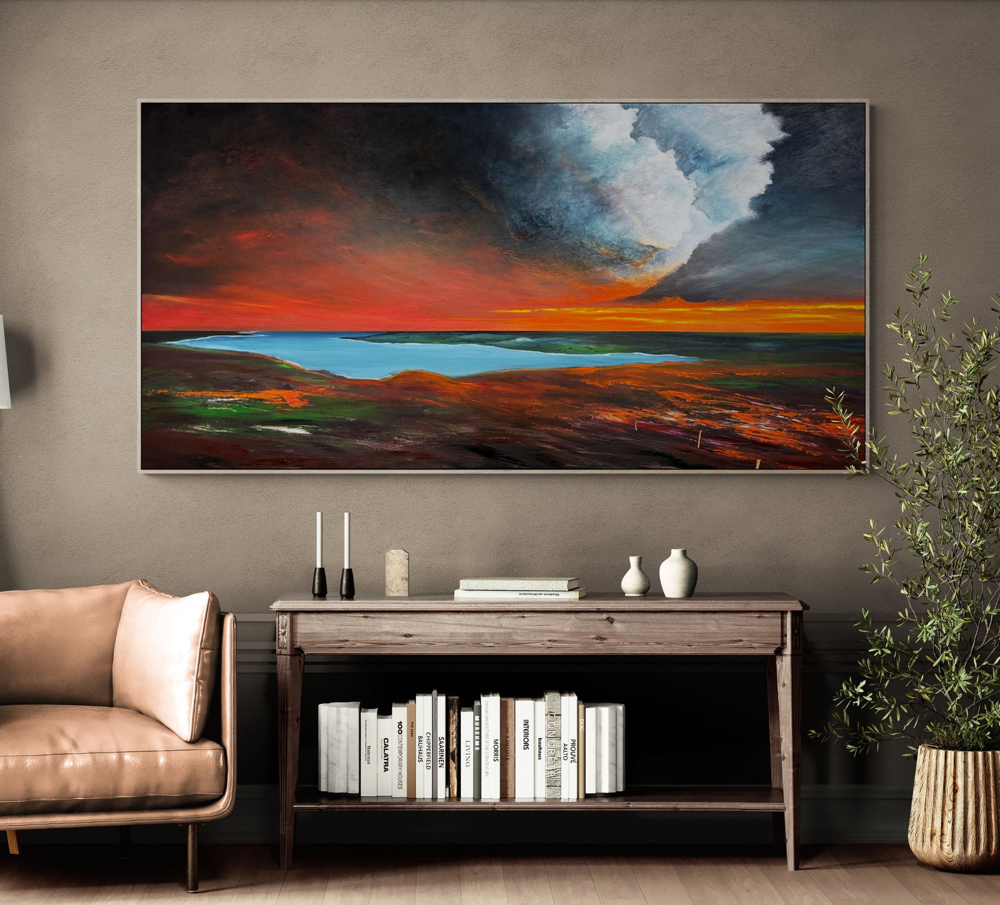 Embers Beneath The Cloud by Australian artist Tania Chanter, 180x90cm, acrylic on canvas, moody abstract landscape.