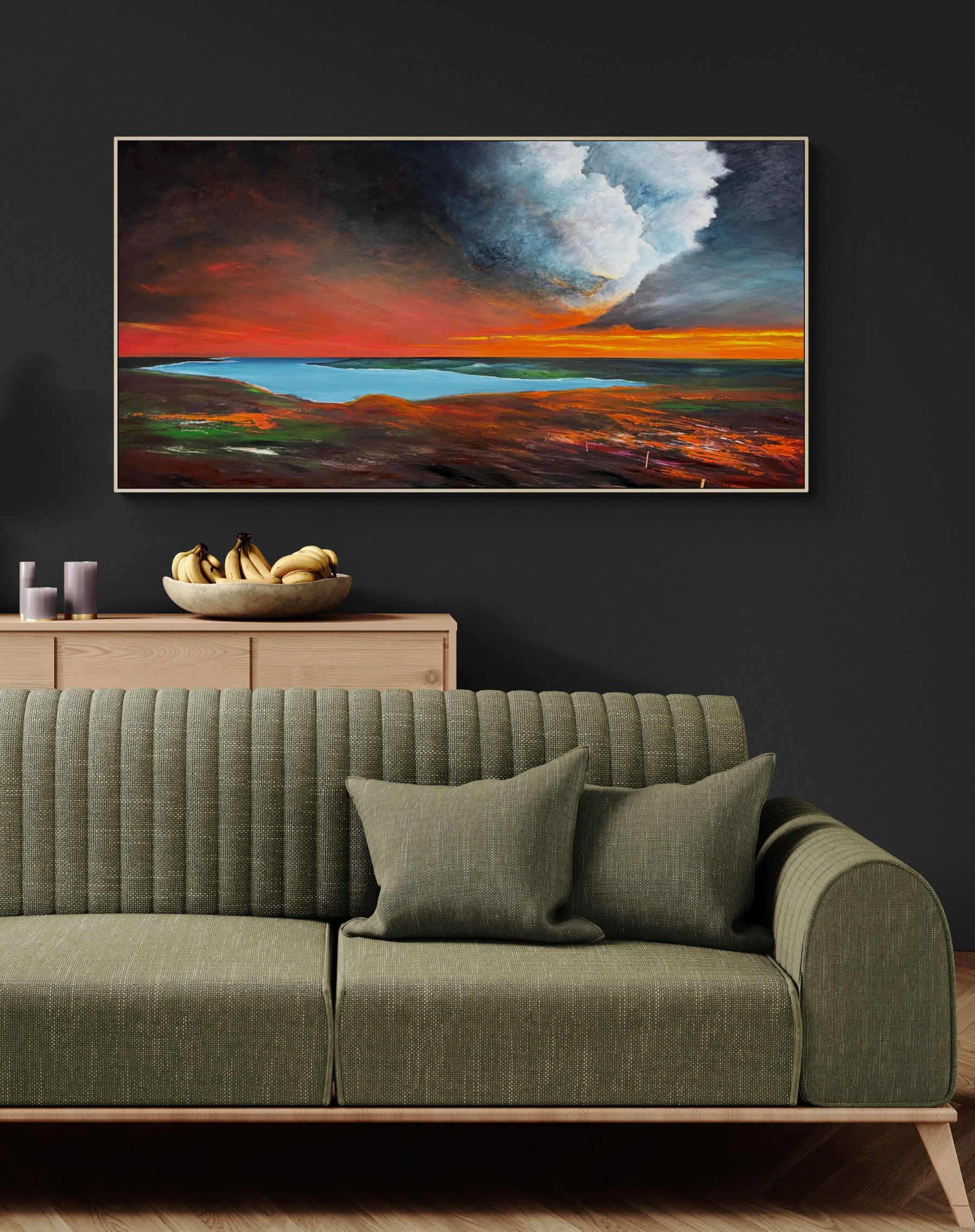 Embers Beneath The Cloud by Australian artist Tania Chanter, 180x90cm, acrylic on canvas, moody abstract landscape.