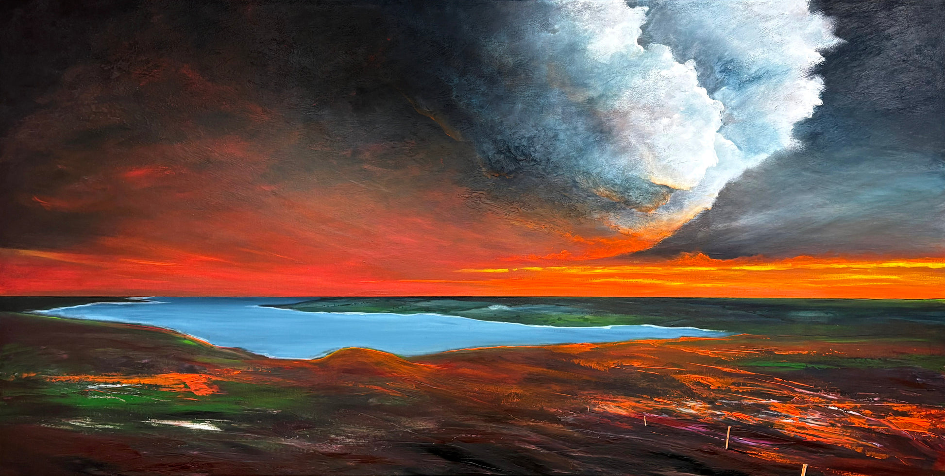Embers Beneath The Cloud by Australian artist Tania Chanter, 180x90cm, acrylic on canvas, moody abstract landscape.