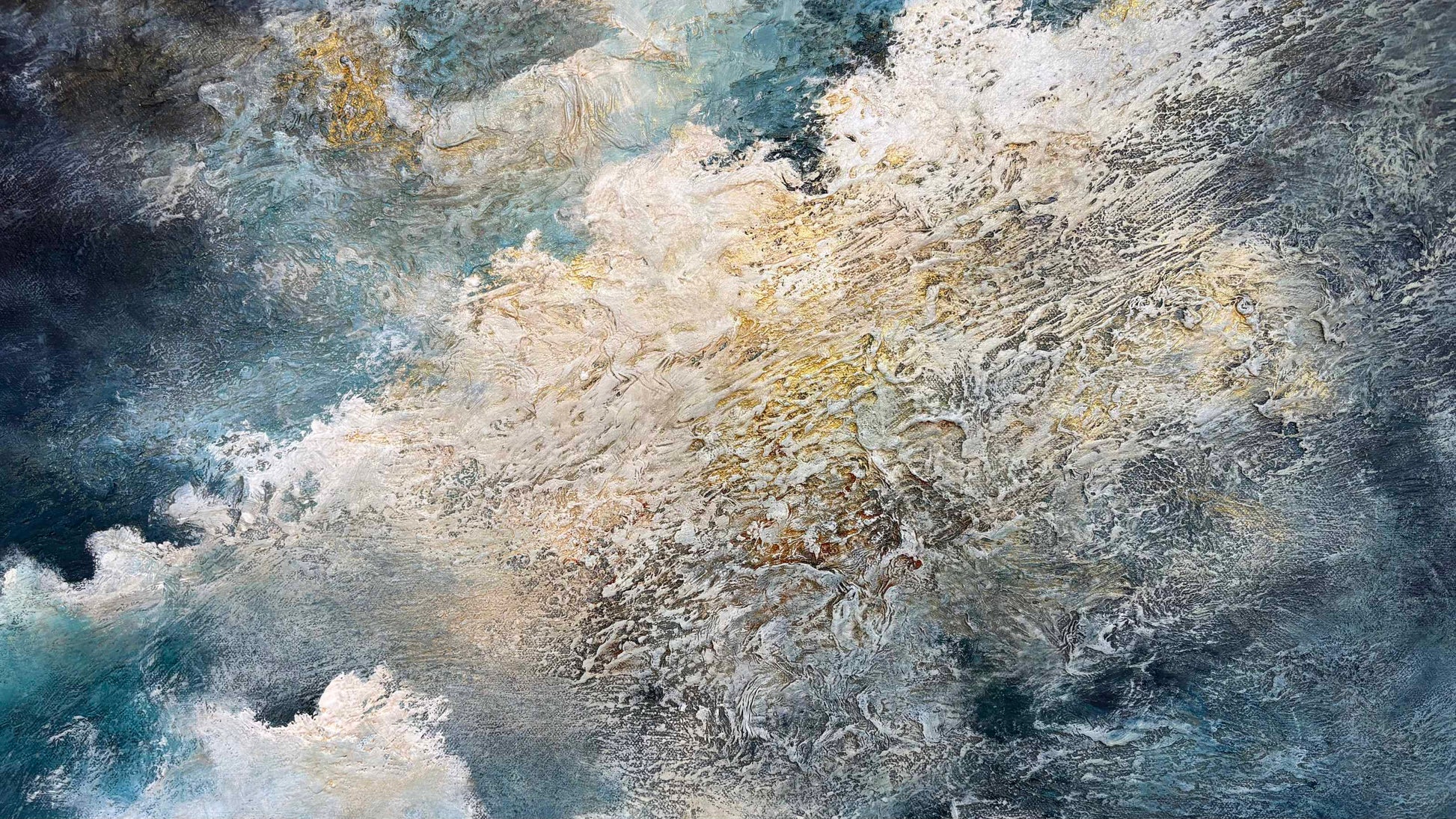 Close up of layers, detail and texture on Five Lives In The Vast Silence by Australian artist Tania Chanter, 80x100cm, acrylic on canvas, moody, textured abstract cloudscape. Original, one-off, ready to hang.
